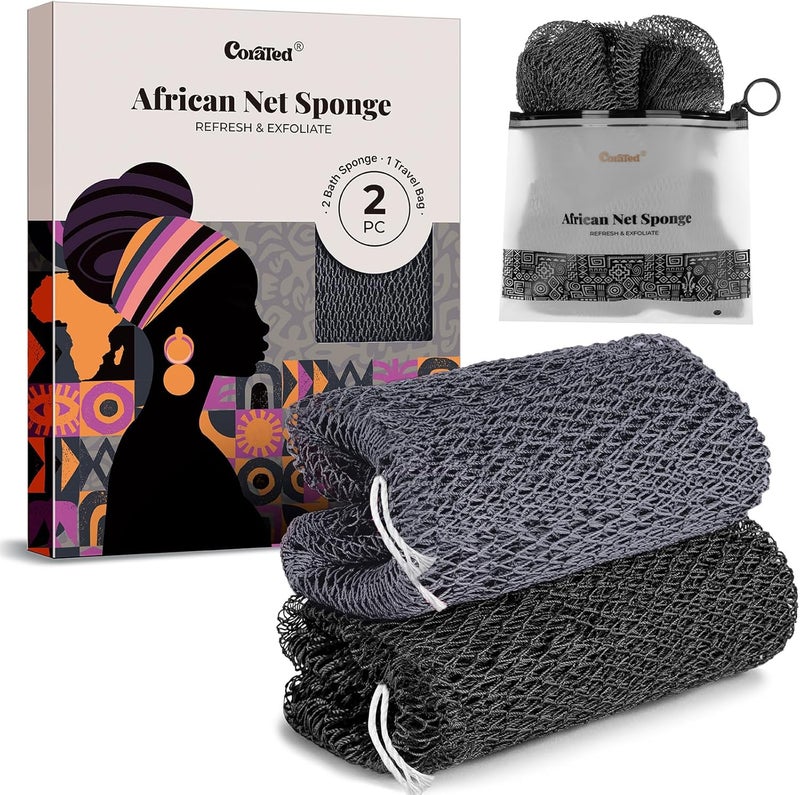CORATED African Net Sponge Authentic, Shower Net with Knots Loofah Exfoliating Bath Sponge, Body Scrubber for Women Daily Use Body Care, Travel Portable Bath Accessories for Bathroom (Black & Grey) - Image 1